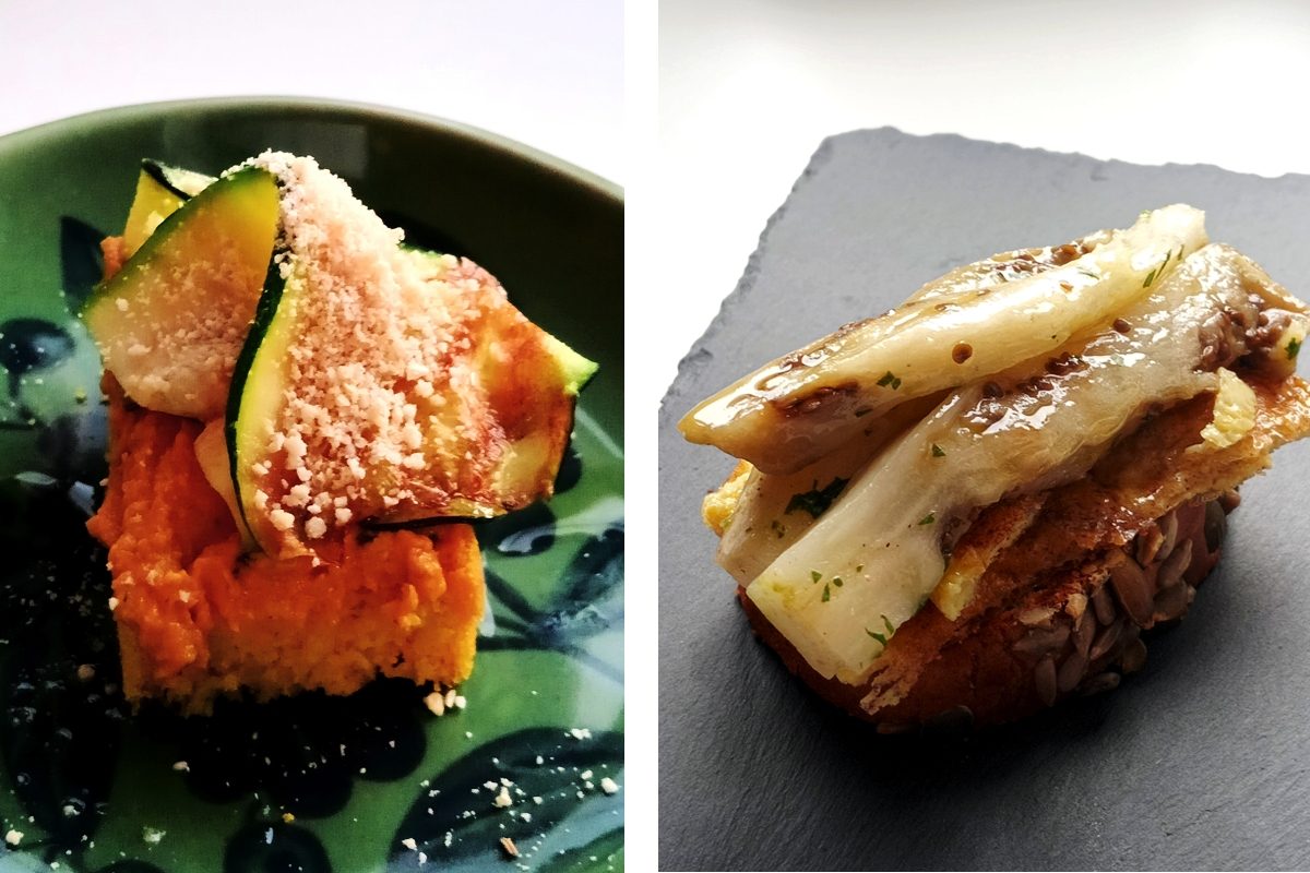 broquetes veganes de carbassó i albergínia dos pintxos vegans de carabassó i albergínia en taula de celebració